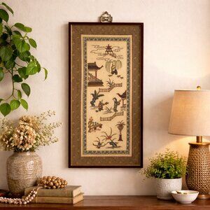 Vintage Framed Chinese Silk Embroidery Panel Asian Garden Scene Oriental Art